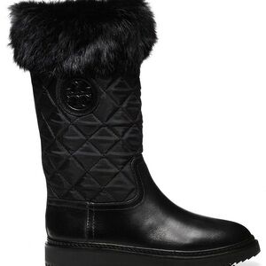 Tory Burch Black Quilted Fur Trim Boots